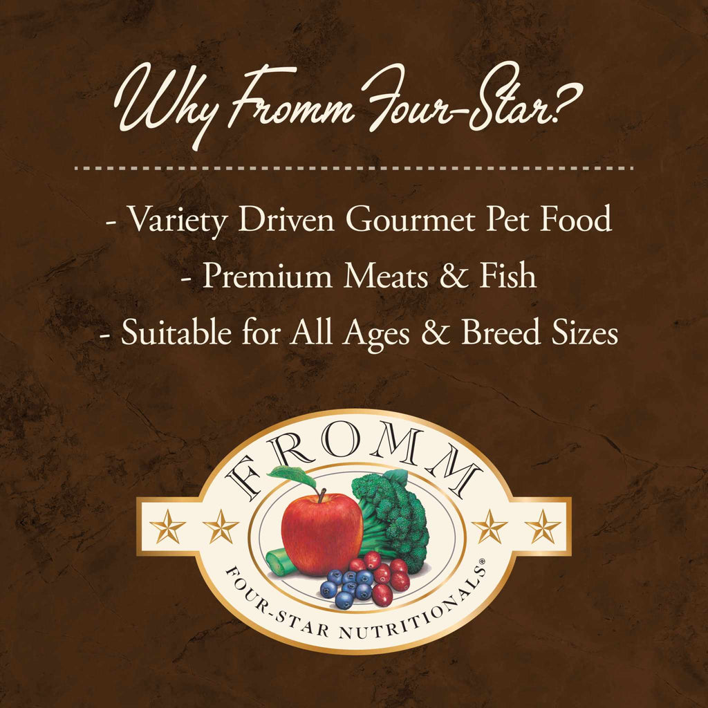 Fromm Four-Star Zealambder dog food with premium meats, fish, oats, barley, fruits, and vegetables for all breeds and ages
