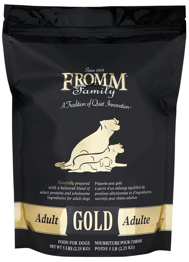 Black and gold bag of Fromm Family Adult Gold dog food, labeled for balanced proteins and wholesome ingredients, GOLD ADULT Dog 30 lb.