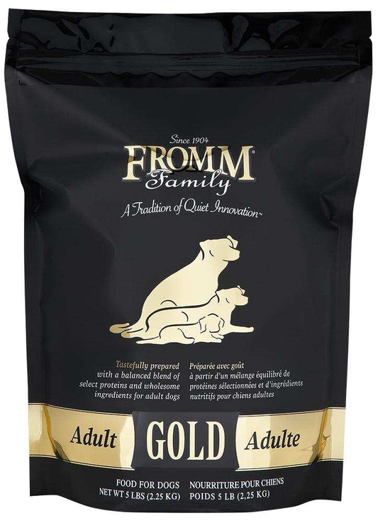 30 lb Fromm Family Gold Adult dog food bag with balanced proteins, probiotics, and salmon oil for healthy coat and digestion