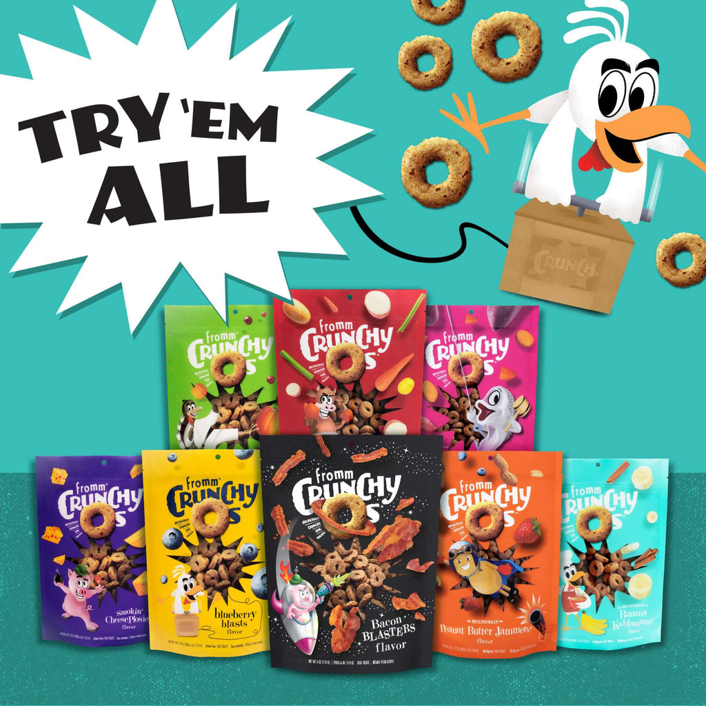 "CRUNCH O's Bacon Blasters dog treats variety packs with fun cartoon design."