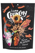Crunch O's Bacon Blasters dog treats in black packaging with bacon graphics.