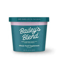 Bailey’s Blend green vegetable blend in teal container with white text, a whole food supplement for dogs with turkey bone broth