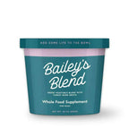 Bailey’s Blend green vegetable blend in teal container with white text, a whole food supplement for dogs with turkey bone broth