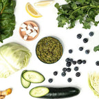 Bailey’s Blend frozen vegetable blend, chunky green puree with leafy greens, cucumber, blueberries, lemon, and turmeric.
