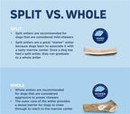 Barkworthies Elk Antler Split infographic comparing split and whole antlers for dog chew suitability.
