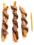 Three Beef Combo Strap dog chews made of beef backstrap and gullet, placed next to a yellow pencil for size comparison