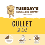 Beef Gullet Sticks chew treat with a yellow label, illustrated dog, medium chew rating and single-ingredient badge.