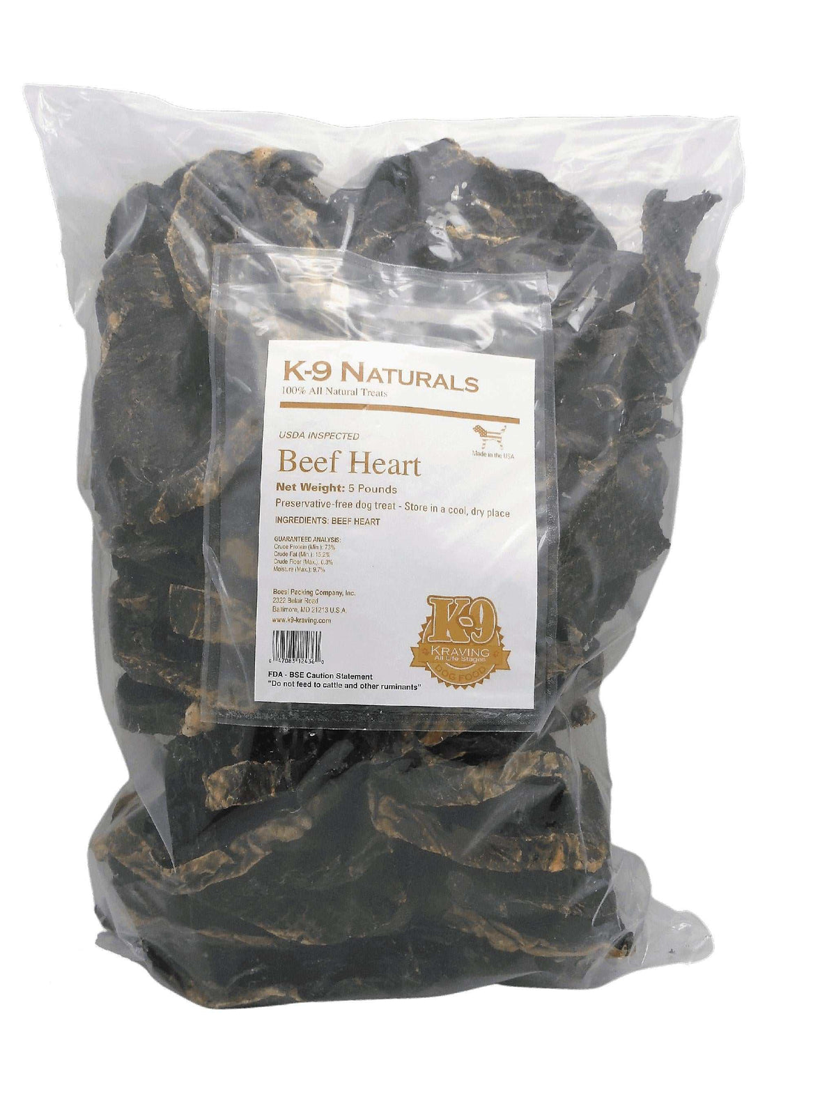 Beef Heart Chips in a clear 5 lb bag, showing dark brown, irregular dried meat pieces with a product label.