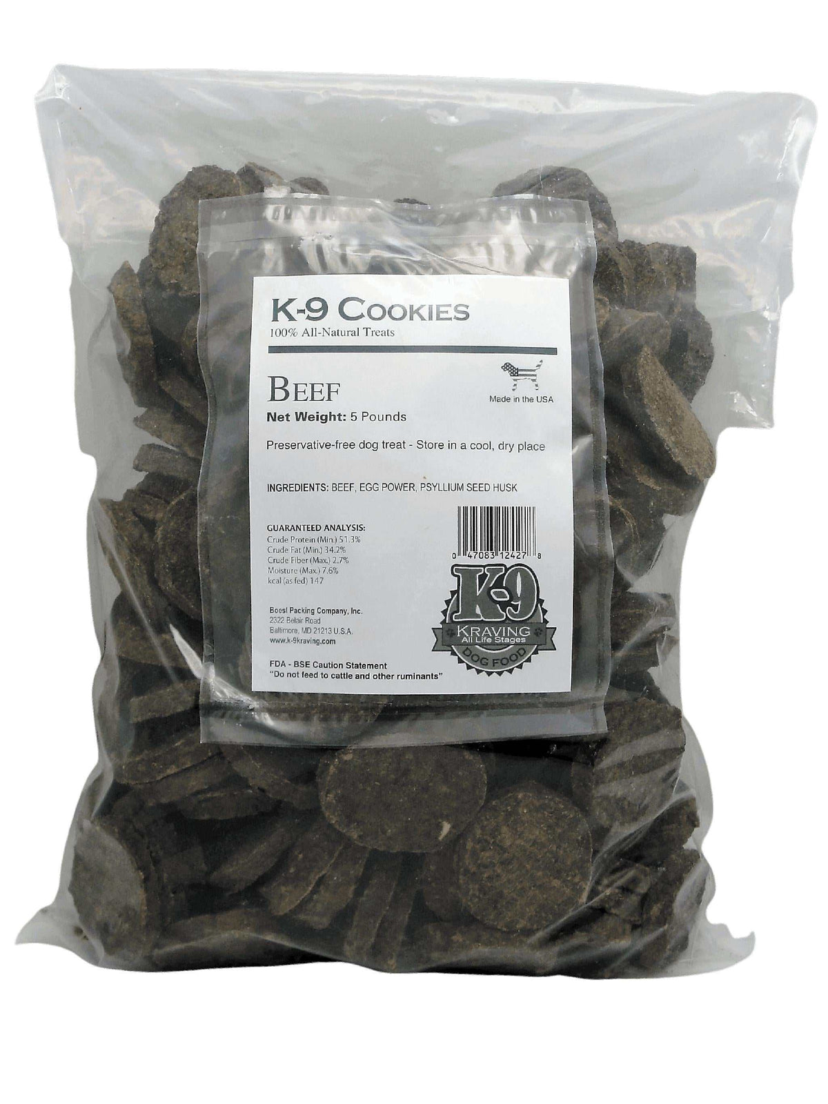 Beef K-9 Cookies in a clear plastic 5-pound bag, showing dark brown, round and irregular baked dog treats.