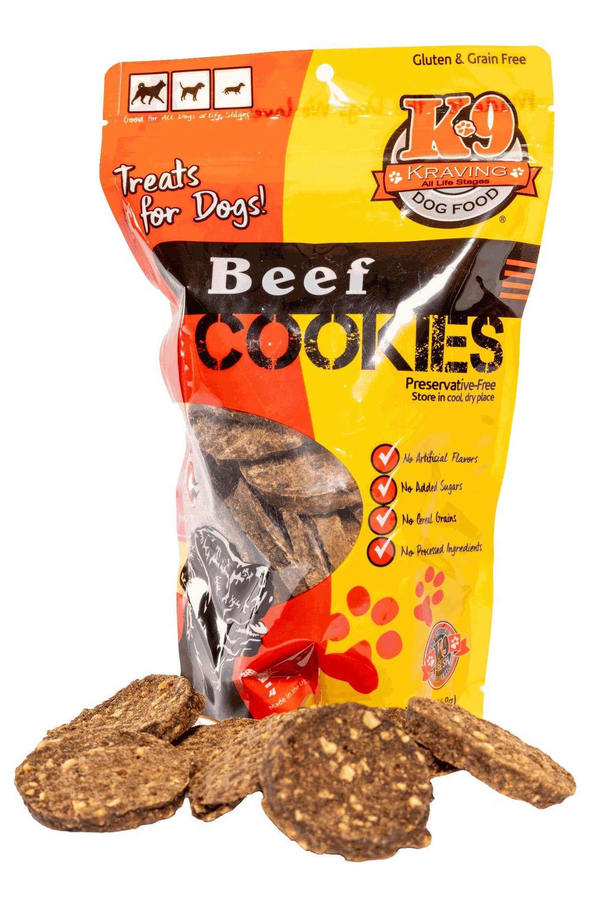 Beef K-9 Cookies in an orange and yellow plastic pouch, with brown, irregular round treats visible in front of the pack.