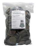 Beef Liver K-9 Cookies in a clear plastic 5 lb bag, showing dark brown round and irregular treats with grid-textured surfaces.