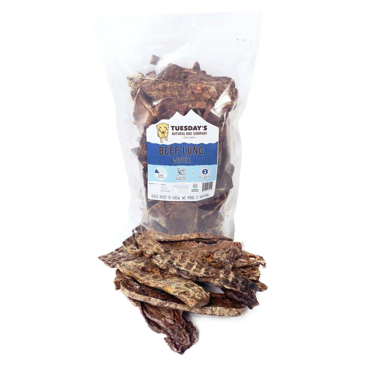 Beef Lung Wafers, rough-textured brown dried dog treats with irregular, flat shapes in a clear resealable bag.