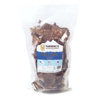 Beef Lung Wafers in a clear plastic pouch, with irregular, thin, mottled dark brown dried pieces and a blue label.