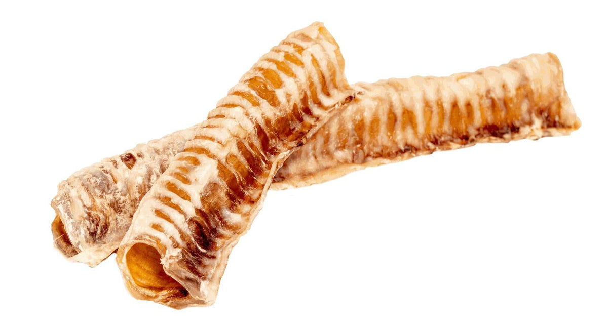 Beef Trachea dog chews in natural tan and cream, dried tubular pieces with pronounced ridged rings and hollow ends.