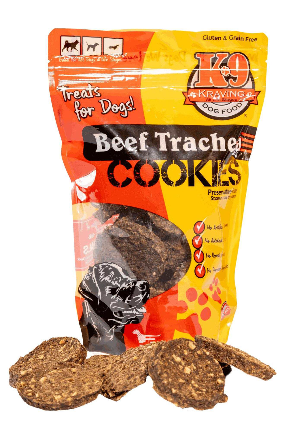 Beef Trachea K-9 Cookies in an orange and yellow bag, with round, rough-textured brown treats visible through the package.