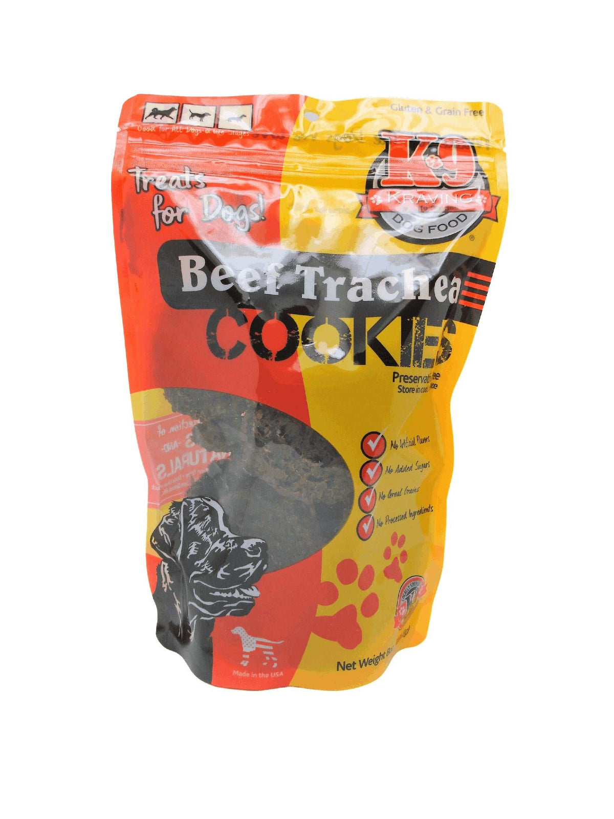 Beef Trachea K-9 Cookies in a red and yellow resealable pouch, with bold lettering and a dog illustration.