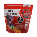 Beef dog food in a red frozen-food bag, labeled beef and vegetable with a dog image and five-pound patties.