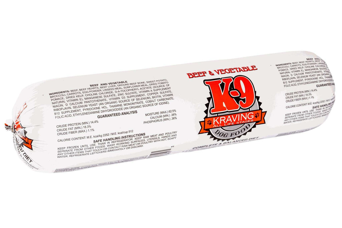 Beef dog food in a white plastic-wrapped roll, with red and black K-9 Kraving label and printed ingredient details.