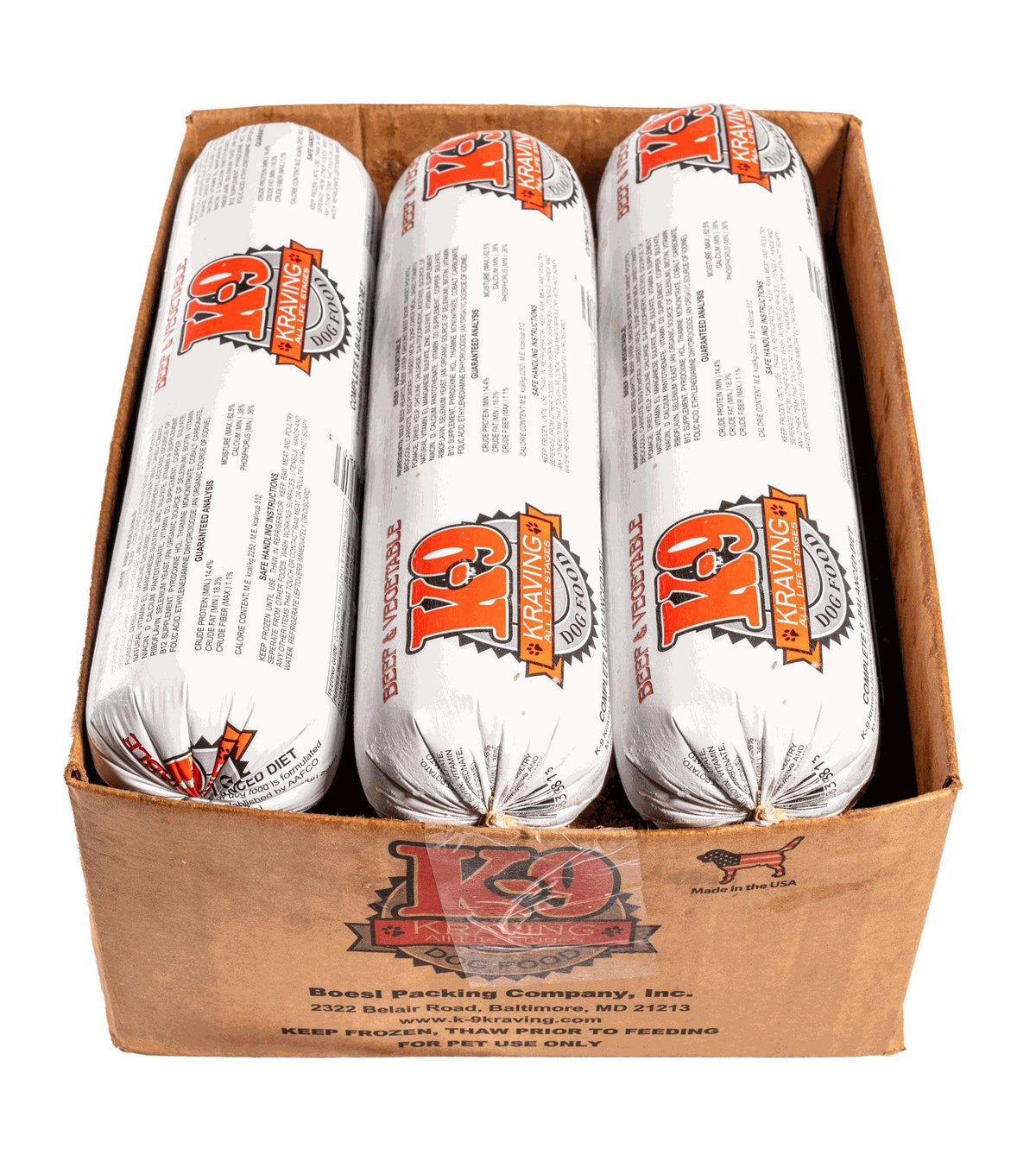 Beef raw dog food in three white plastic-wrapped rolls with orange and black K-9 Kraving labels, packed in a cardboard box.