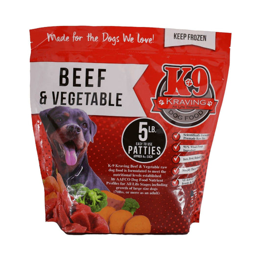 K-9 Kraving Beef & Vegetable Raw Dog Food packaging with beef and vegetables, 5 lb bag.
