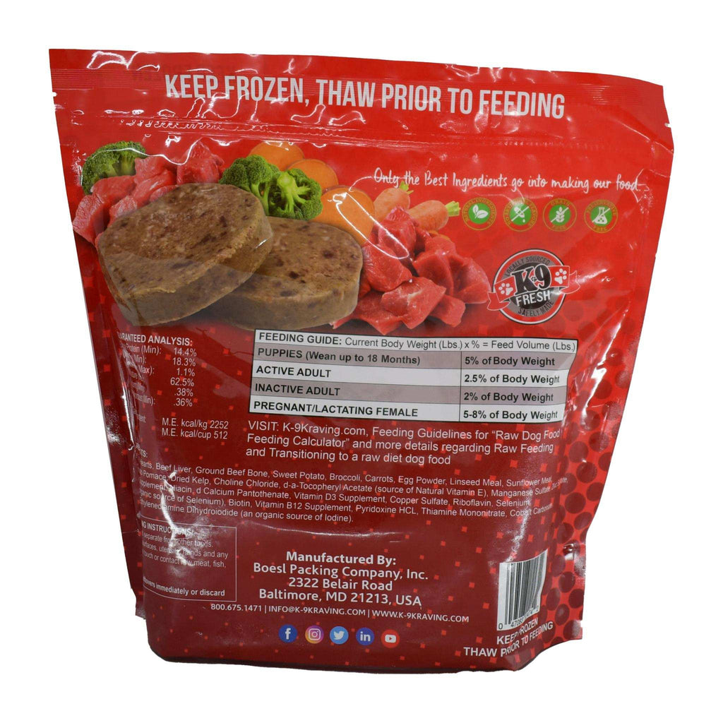 Beef raw dog food in a red frozen pouch, with visible meat and vegetable imagery and feeding guide text.