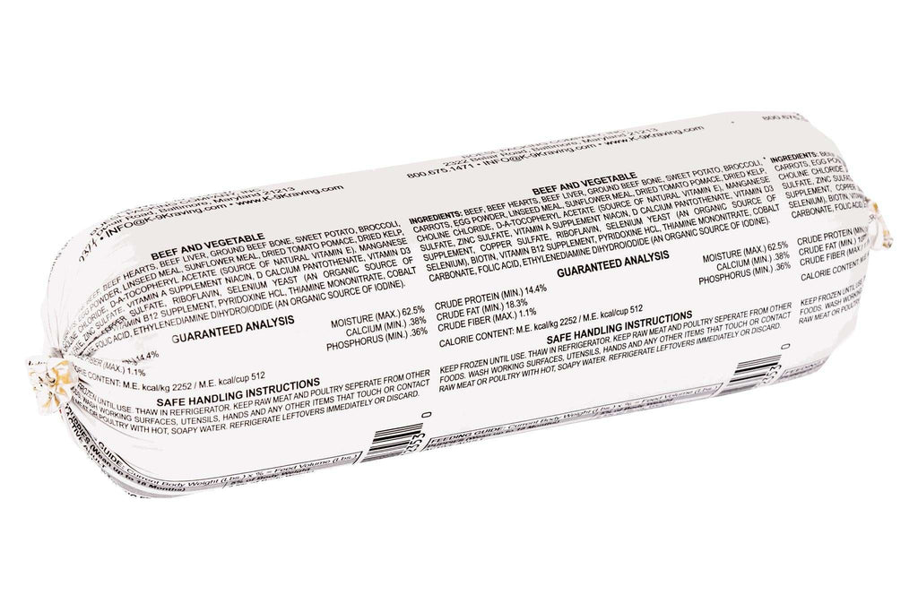 Beef dog food in a white plastic-wrapped cylindrical roll, printed with dense black product and feeding information.