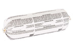 Beef dog food in a white plastic-wrapped cylindrical roll, printed with dense black product and feeding information.