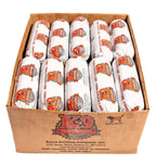 Beef dog food rolls in white wrappers with orange and black branding, packed in a brown cardboard box.