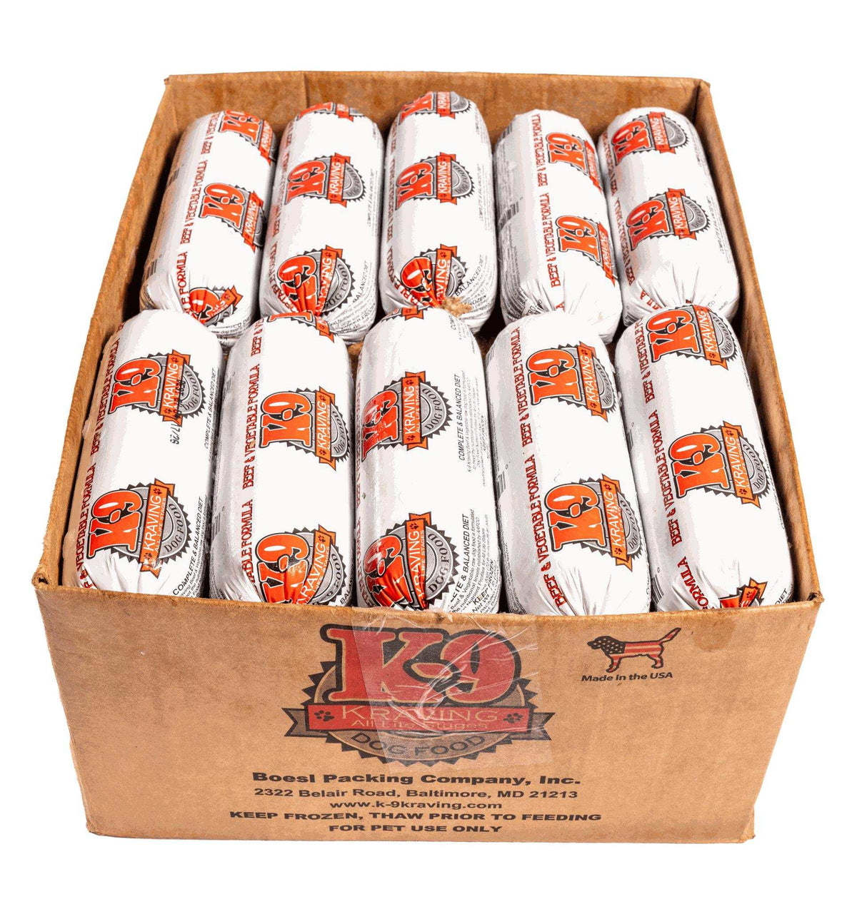 Beef dog food rolls in white wrappers with orange and black branding, packed in a brown cardboard box.
