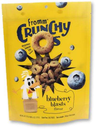 Dog treat pouch for Blueberry Blasts, bright yellow packaging with blueberry graphics and crunchy ring-shaped treats pictured.