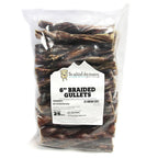 Bag of 25 six-inch braided beef gullets dog chews made from 100% grassfed beef esophagus
