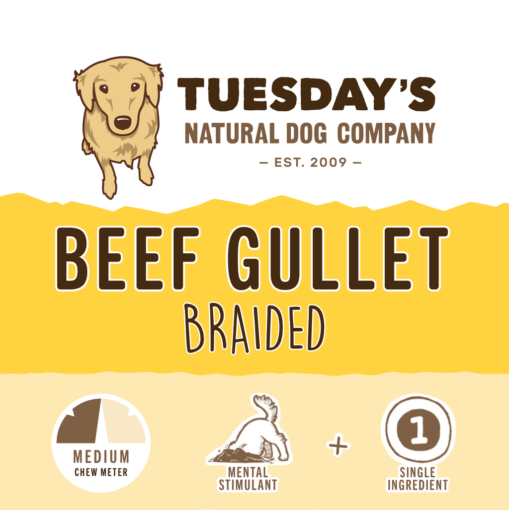 Braided Beef Gullets dog chew, shown as a single ingredient beef gullet with a medium chew rating and dental benefits.
