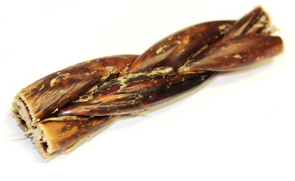 Braided beef gullets dog chew made from 100% grassfed beef esophagus, 6 inches long and softer than bully sticks