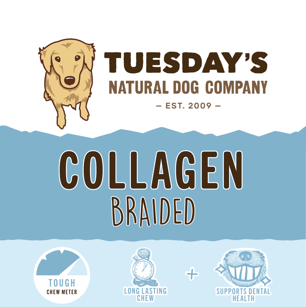 Braided Collagen Sticks in a blue-and-white package with a dog illustration, braided chew graphic and tough chew meter label.