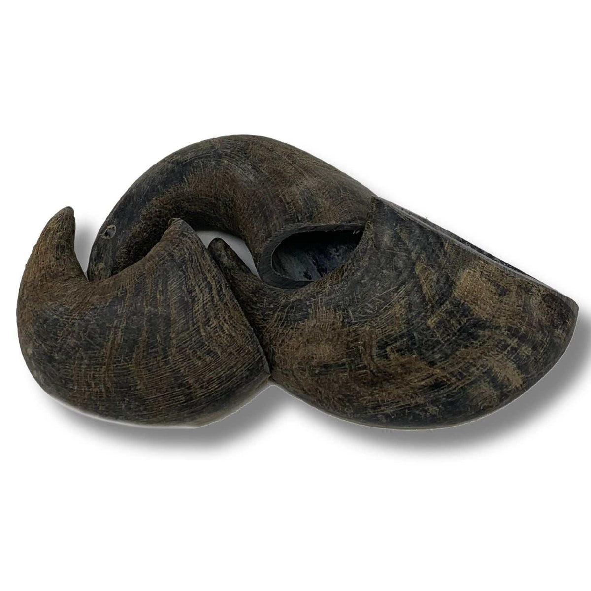 Buffalo Horns natural dark brown water buffalo horn chews with a rugged texture and curved shape for dogs.