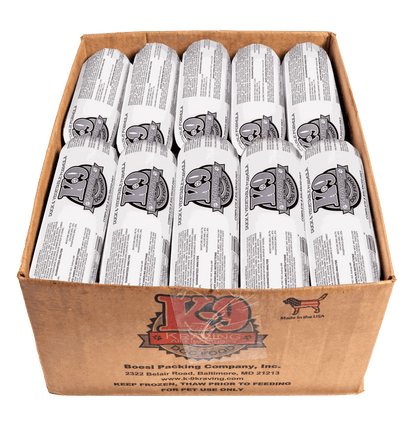 Box of K-9 Kraving Duck & Vegetable Formula Raw Dog Food packages.