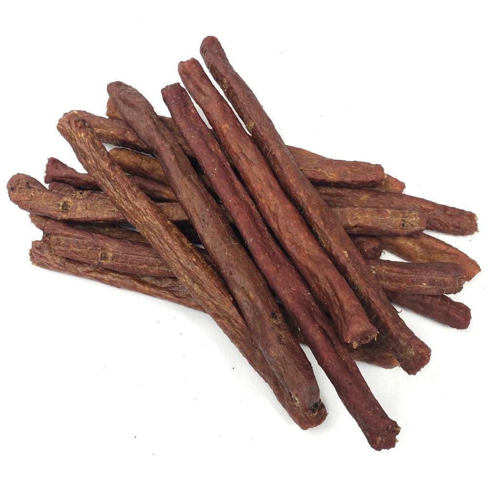 Bully Snaps dog chews made from ground beef, beef skin, and beef pizzle in stick form, medium firmness and crunchy texture