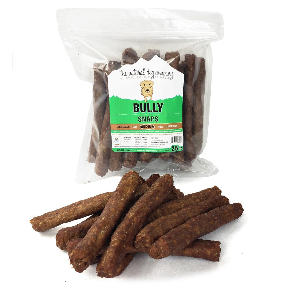 Bully Snaps medium chew beef dog treats in clear resealable bag with sticks displayed in front