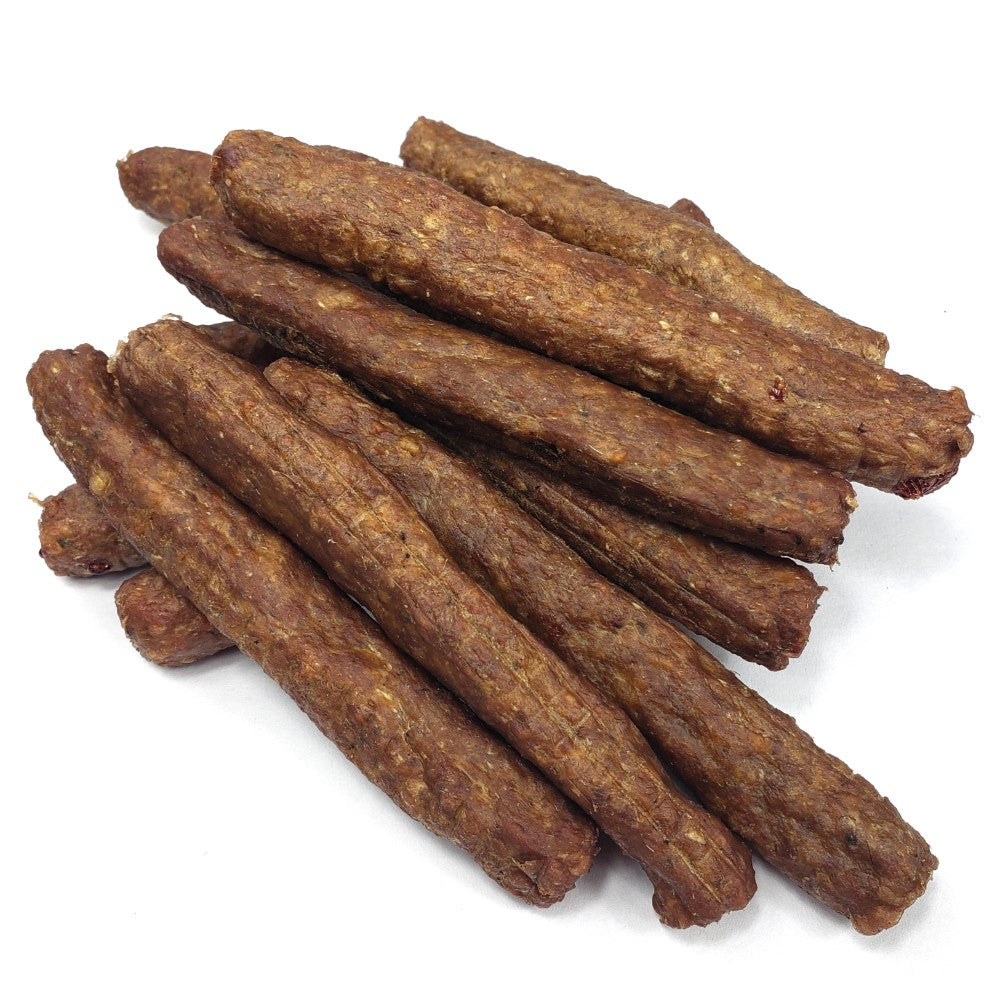 Bully Snaps beef chew sticks made from ground beef, beef skin, and pizzle, medium texture dog treat
