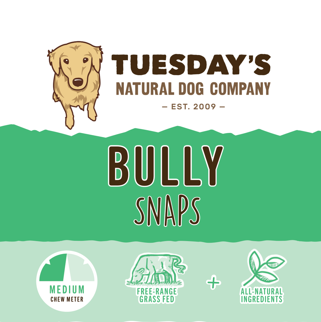 Bully Snaps dog chew label with a bold brown and green design, golden dog illustration, medium chew meter and natural ingredient icons.