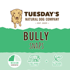 Bully Snaps dog chew label with a bold brown and green design, golden dog illustration, medium chew meter and natural ingredient icons.