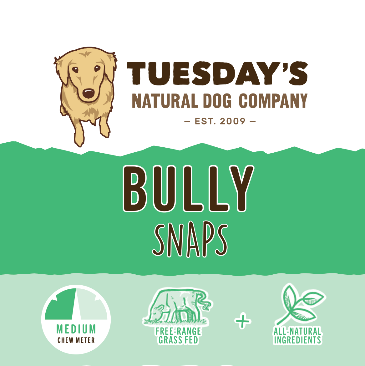 Bully Snaps dog chew label with a bold brown and green design, golden dog illustration, medium chew meter and natural ingredient icons.