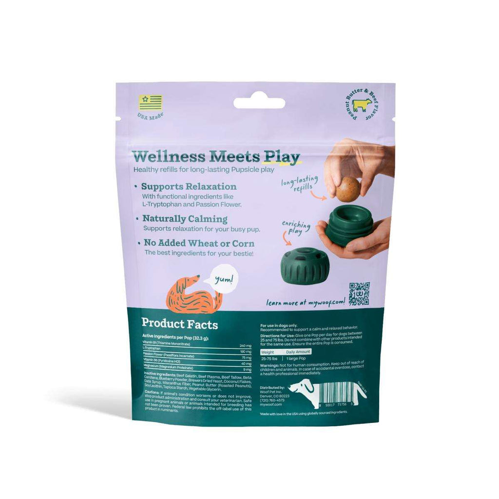 Calming Vitamin Pops in a lavender and teal resealable pouch with wellness claims and product facts printed on the front.
