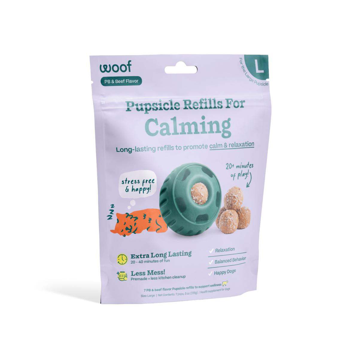 Calming Vitamin Pops, lavender refill pouch with teal accents, featuring a teal toy and tan round treats on the label.