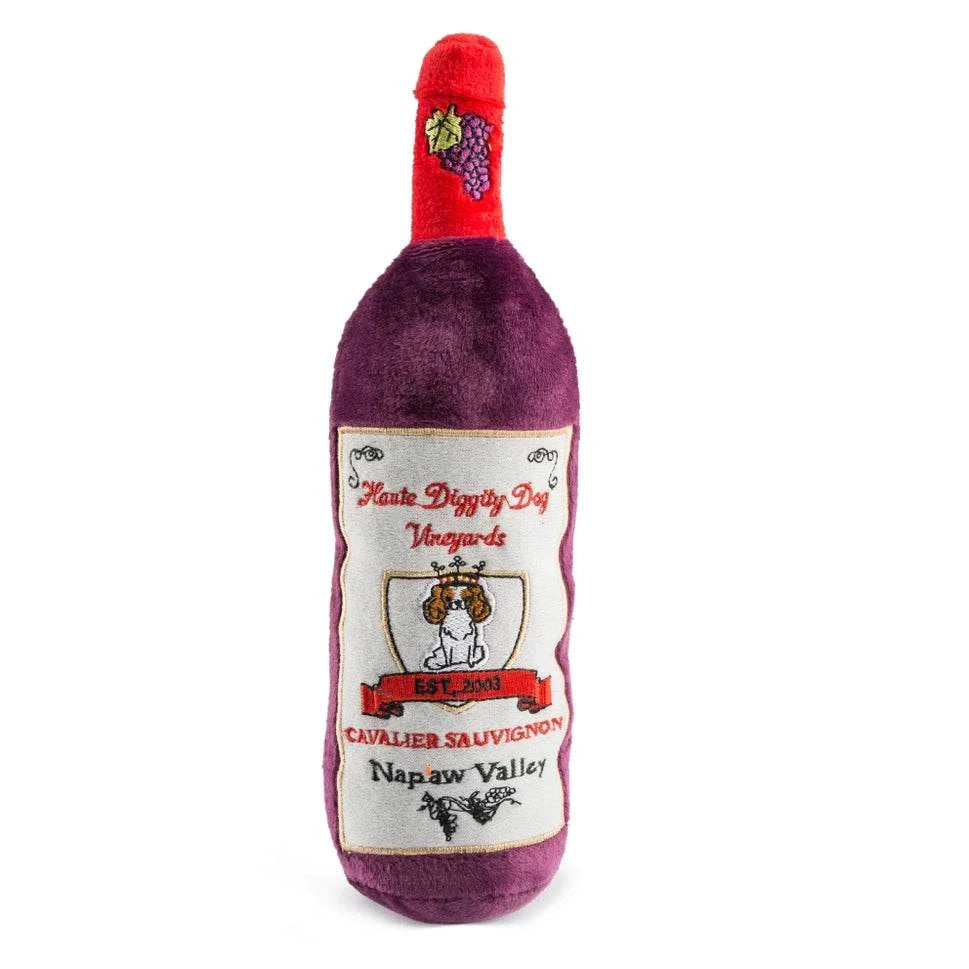 Cavalier Sauvignon wine bottle dog toy with squeaker, 9-inch vintage design from Haute Diggity Dog Vineyards