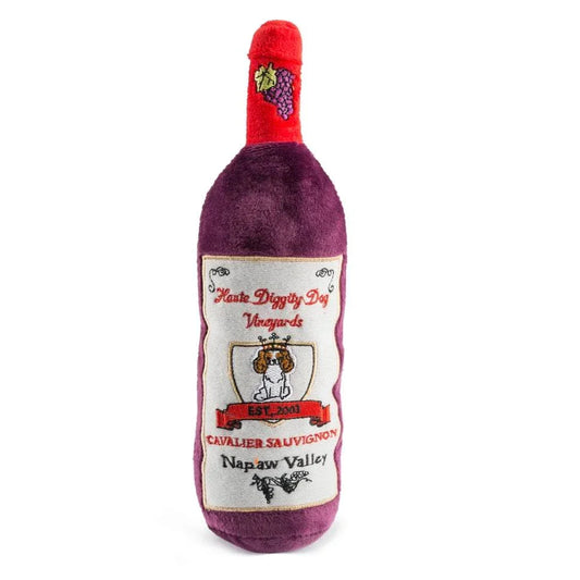 Cavalier Sauvignon wine bottle dog toy with squeaker, 9-inch vintage design from Haute Diggity Dog Vineyards