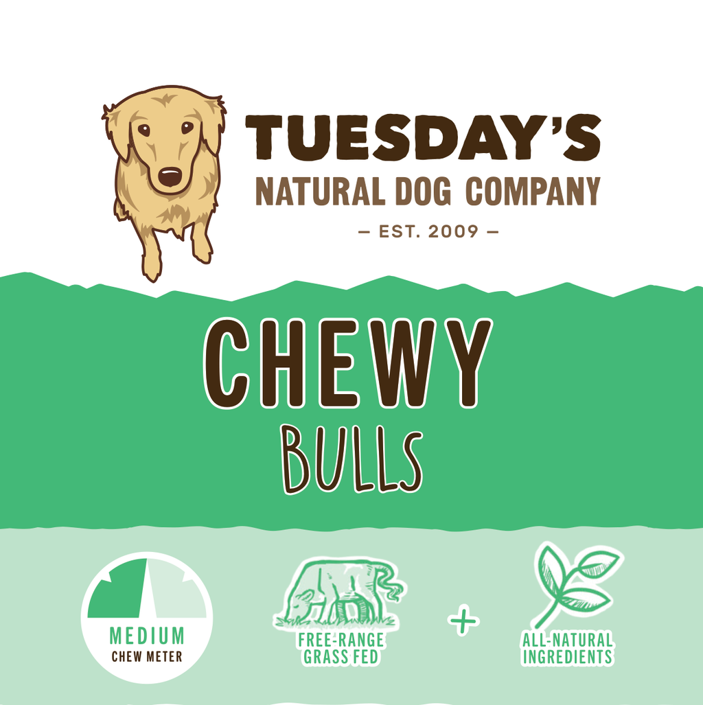 Chewy Bulls dog chew, illustrated green-and-white packaging with a medium chew meter, free-range grass-fed and all-natural ingredient callouts.