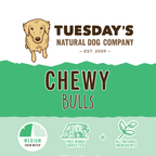 Chewy Bulls dog chew, illustrated green-and-white packaging with a medium chew meter, free-range grass-fed and all-natural ingredient callouts.