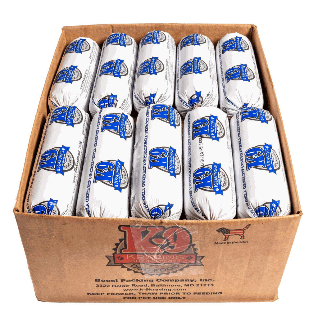 Raw dog food with chicken, beef, and vegetables in a balanced, grain-free diet