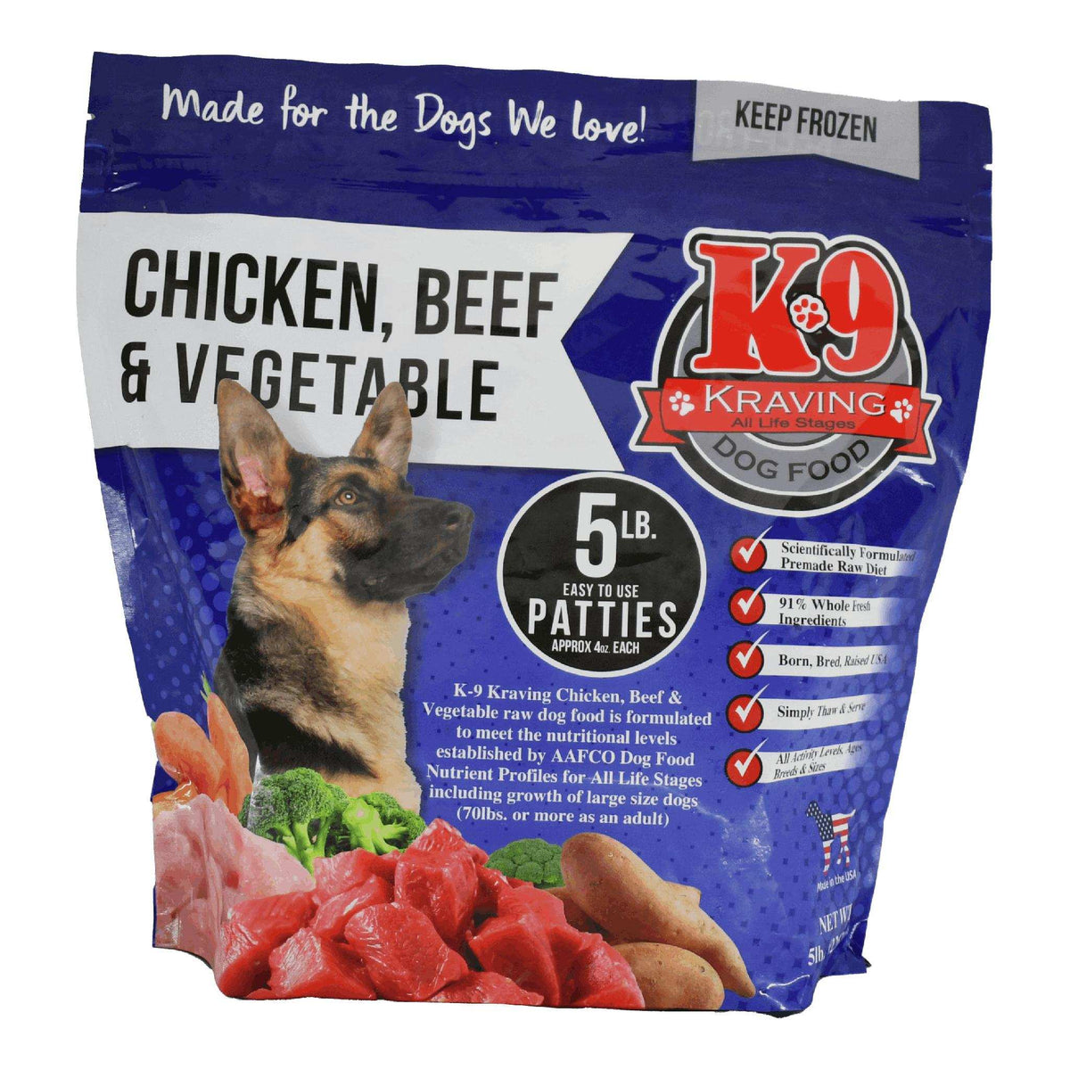 Chicken and beef raw dog food with vegetables, grain-free, made in the USA